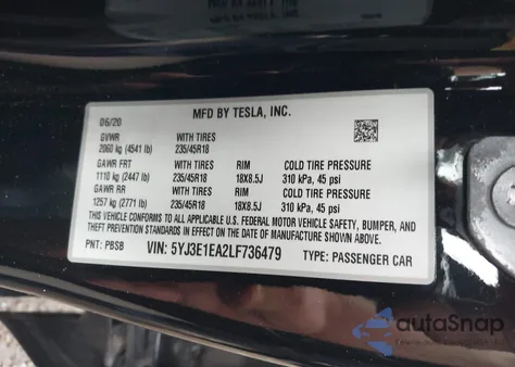 2020 Tesla Model 3 Standard Range Plus Rear-Wheel Drive/Standard Range Rear-Wheel Drive из США, поврежденный, VIN 5YJ3E1EA2LF736479